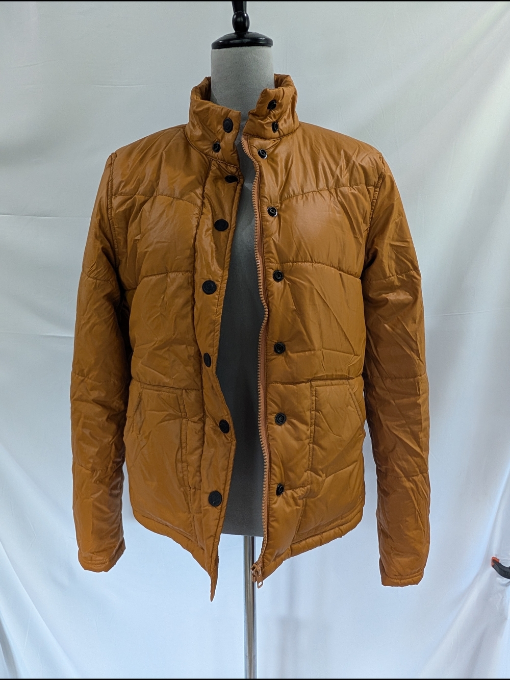 Hurley Quilted Puffer Jacket Large Mustard Brown Snap Zip Lightweight Coat - Picture 2 of 6